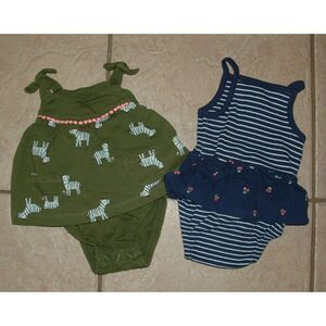 CARTER'S Girls Sz 3 Months Green Zebra Print & Blue Striped 2 Pc Romper lot